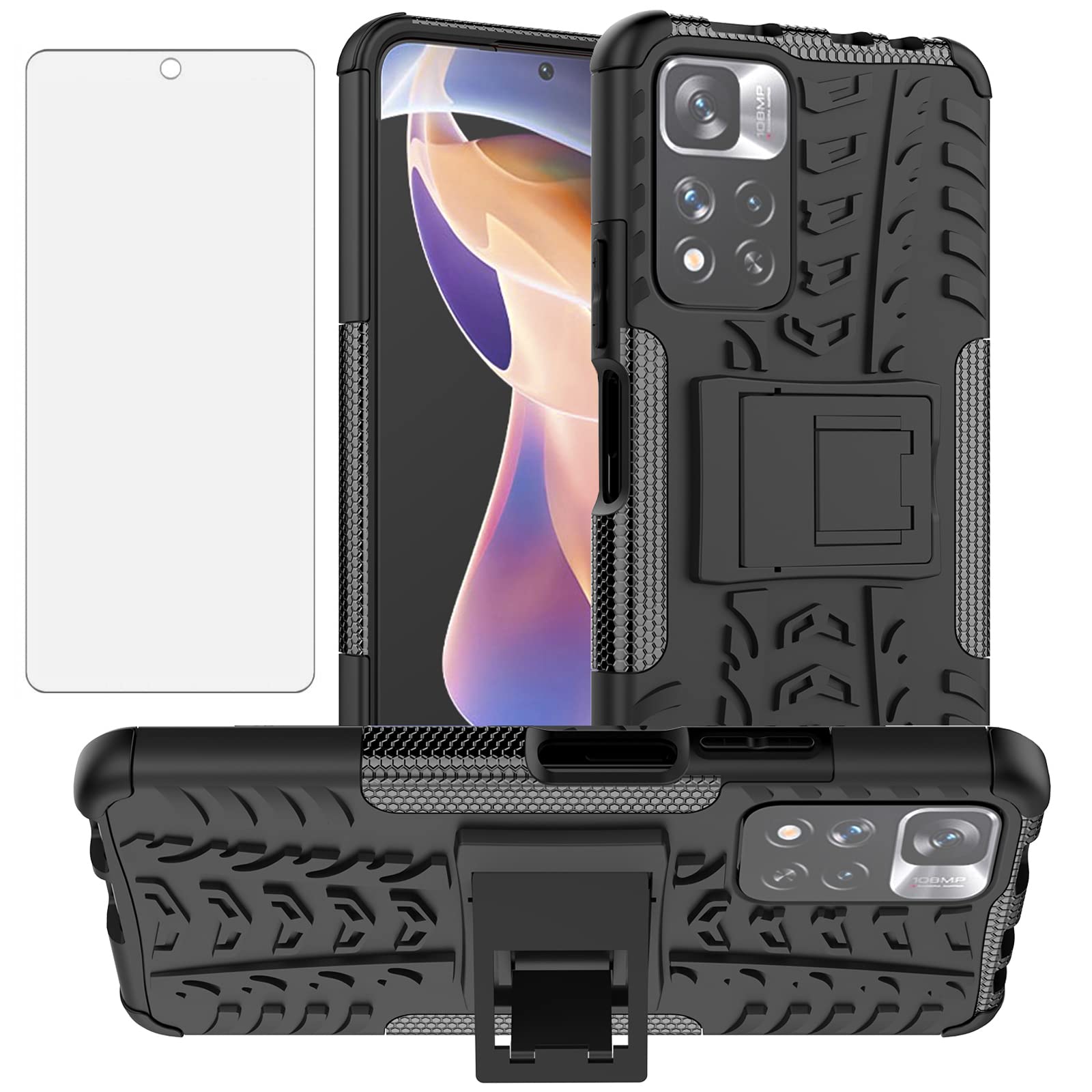 Asuwish Compatible with Xiaomi Redmi Note 11 Pro锛圢ot Fit 5G Phone Case and Tempered Glass Screen Protector with Stand Kickstand Cell Accessories Redmi Note11Pro 11Pro Women Men Girly Black