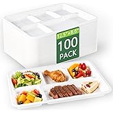 WELLIFE 100% Compostable 5 Compartment Paper Plates, 100 Pack Disposable School Lunch Trays Divided Plates for Adult Youth, 12.5 * 8.6 inch Heavy Duty Eco-Friendly Bagasse Plate for Buffet and Party