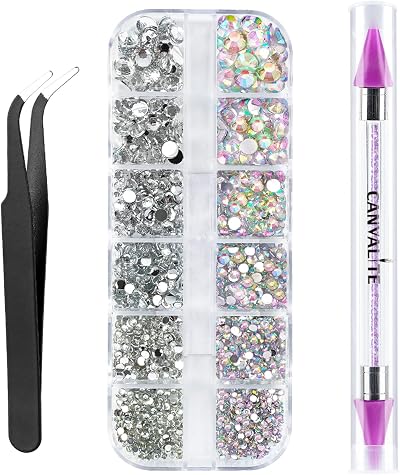 CANVALITE 1500PCS Rhinestones 6 Sizes Flat Back Gems Nail Art Kit with Tools