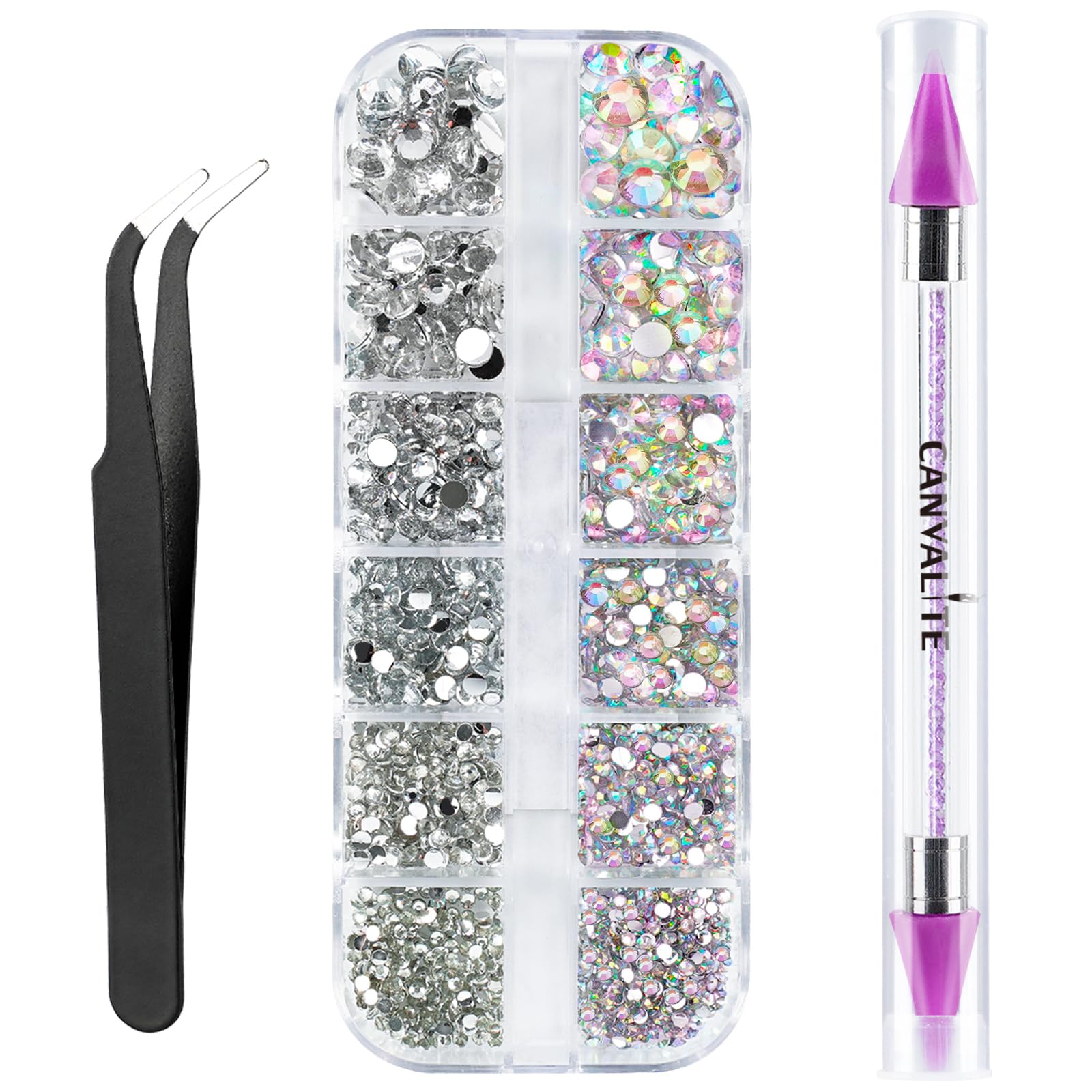 Canvalite 1500PCS Rhinestones in 6 Sizes Flat Back Gems, Crystal AB Nail Art Gems with Pick Up Tweezers and Rhinestone Picker Dotting Pen, Tools for Nails, Clothes, Face, Craft