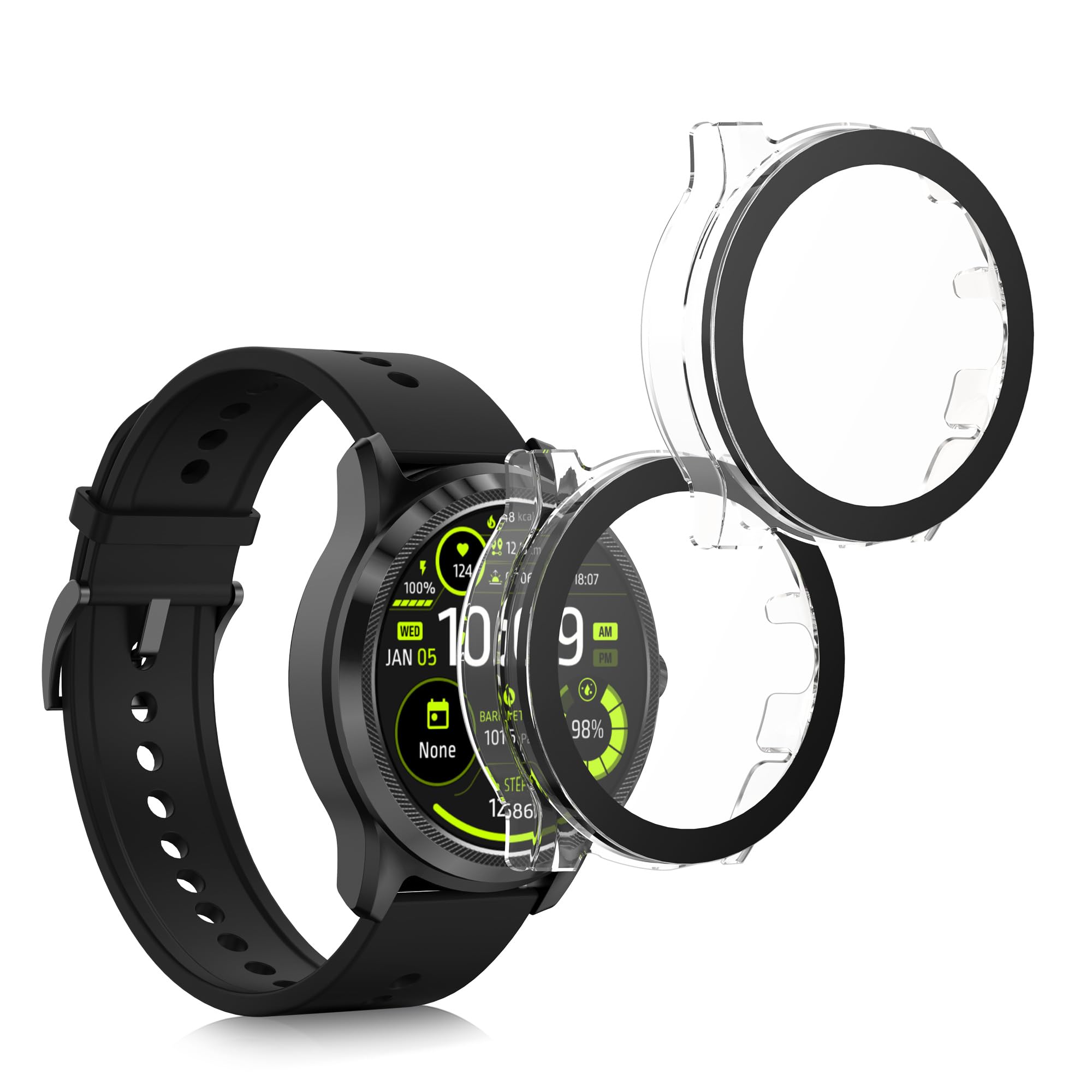 kwmobile Cover Compatible with Ticwatch Pro 5 Covers - 2x Tempered Glass with Plastic Frame - Transparent