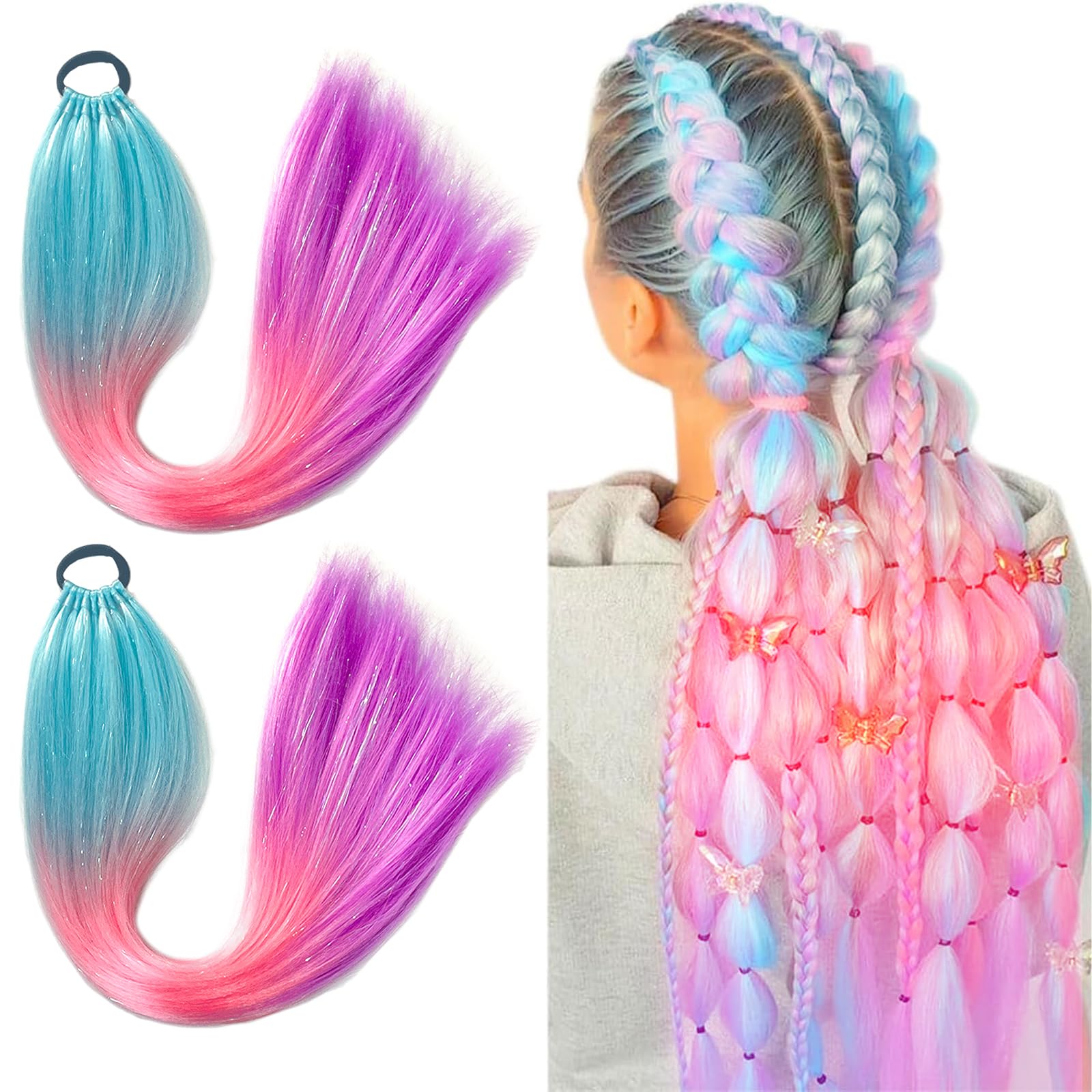 Coloured Hair for Braiding 2 PCS Rainbow Extensions - Glitter Mermaid Hair Can Be Used as a Gift Suitable for Girls and Ladies