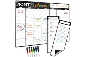 CLEVER CLEAN Magnetic Dry Erase Monthly Calendar - 17"x12" Monthly Calendar for Fridge - 4"x12" List Board 2 Pcs - 6 Extra Fine Point Markers Included - Shipped Flat