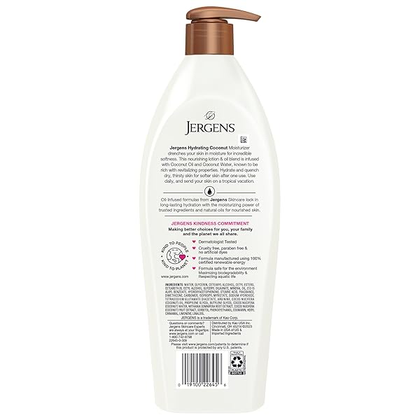 JERGENS HYDRATING COCONUT BODY LOTION, HAND AND BODY MOISTURIZER, INFUSED WITH COCONUT OIL, HYDRATES DRY SKIN INSTANTLY, DERMATOLOGIST TESTED, 26.5 OZ