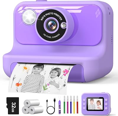 Hangrui Kids Camera Instant Print 2.4'' 1080P with 32GB Card 3 Rolls Paper