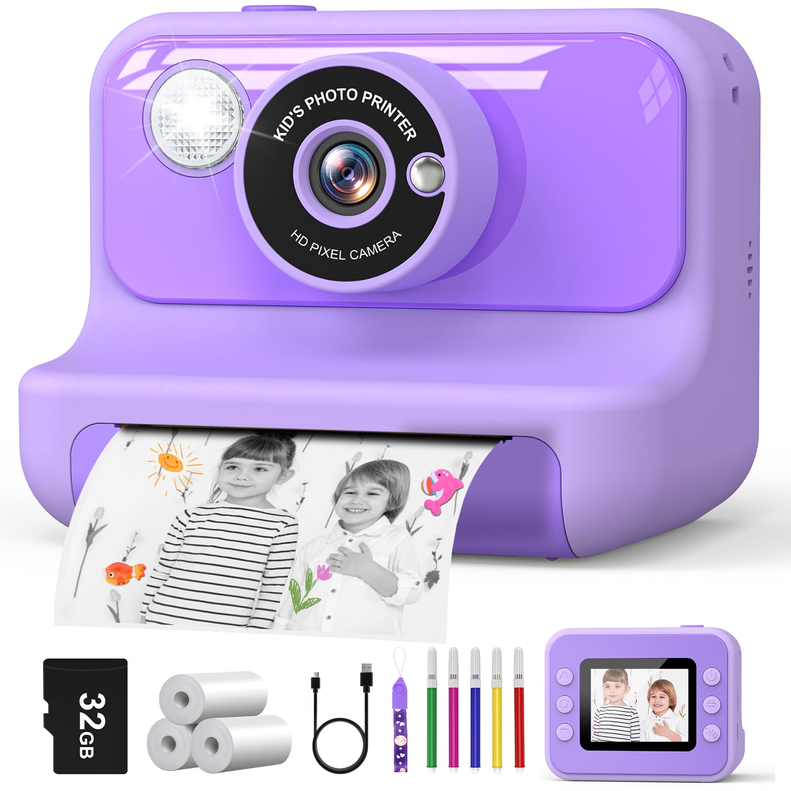 Hangrui Kids Camera Instant Print, 2.4'' Instant Camera for Kids, 1080P Children Cameras with 32GB Card & 3 Rolls Photo Paper, Christmas Birthday Gifts Toys for Girls & Boys Aged 3-12 -Purple