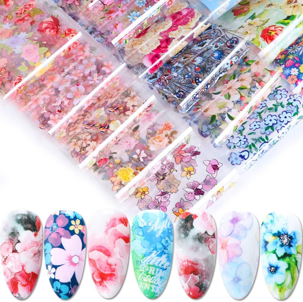 10 Sheets Flowers Nail Foil Transfers Stickers Small Floral Watercolor Flower Starry Sky Nail Art DIY Decals for Women Girls Decoration Manicure Design