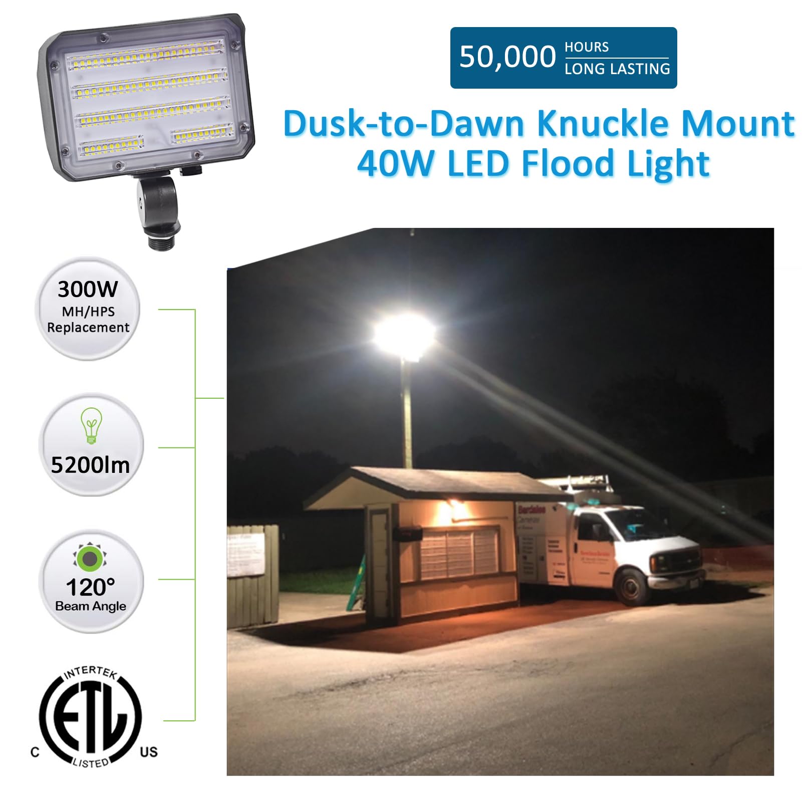 40W LED Flood Light, Outdoor Security Floodlights Fixture with Knuckle Mount Base, Dusk-to-Dawn Photocell Daylight 5,200lm(300W Equivalent) 100-277V IP65 Waterproof for Entrance Yard (2Pack)