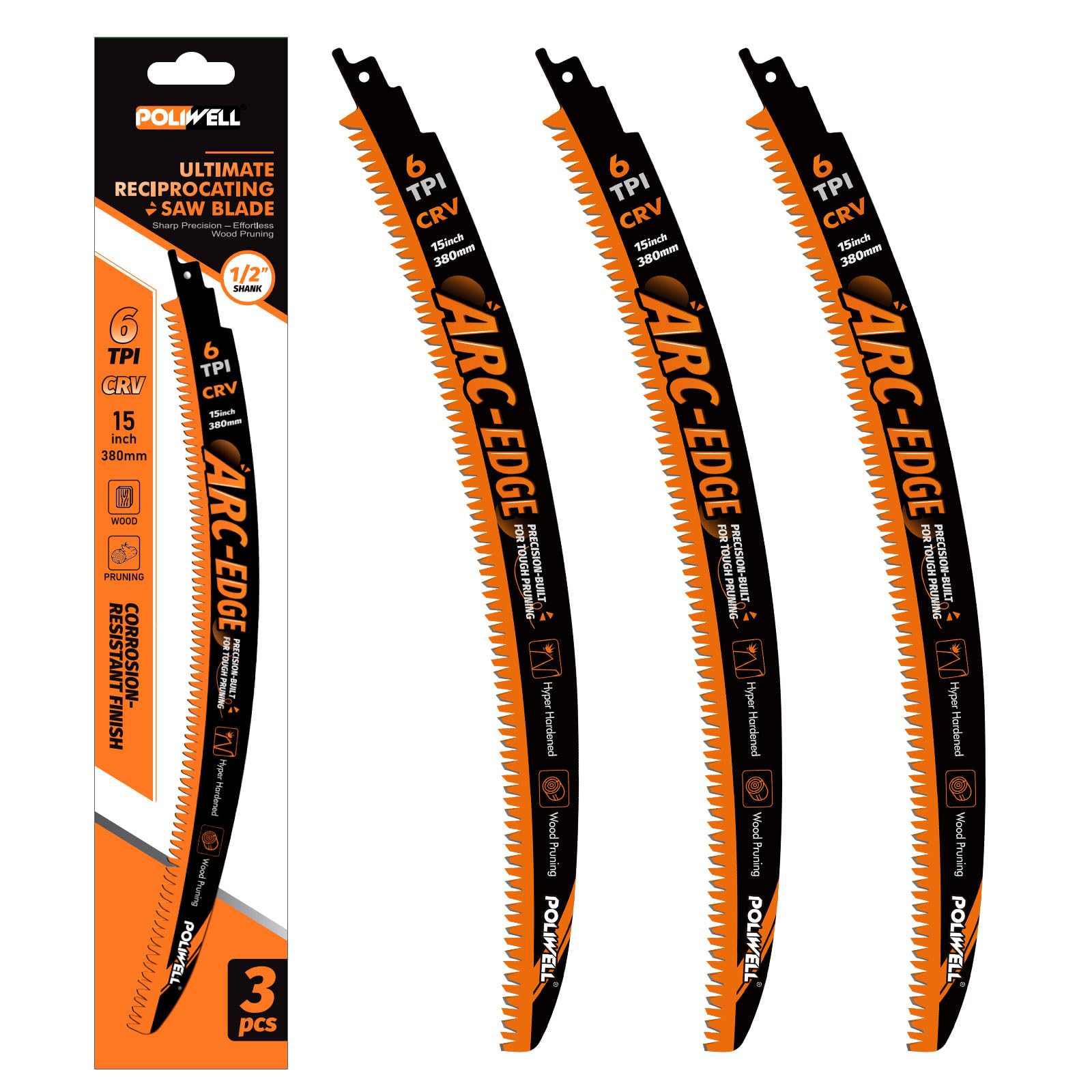 Photo 1 of POLIWELL 15 Inch Japanese Teeth Reciprocating Saw Blade,Arc-Edge Wood Pruning Saw Blades for Tree Trimming,6TPI Saw Blades for Wood Cutting & Branch Pruning,3 Pieces