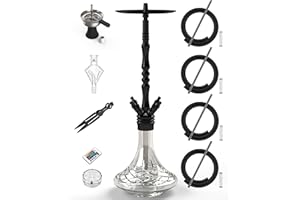 NOBLE HOOKAH 40"Hookah Set 4 Hose with Everything Large Size Made of Aluminium with LED Light,Handmade Glass Base Molasses Catcher Equipped, Ceramic Bowl, Stainless Steel Heat Management,Tongs