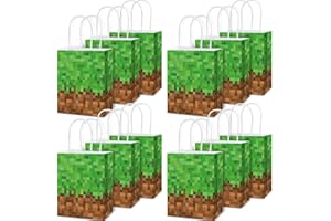 PARGREEFF 24Pcs Pixel Theme Party Favor Bags Video Game Party Supplies Pixel Paper Gift Mining Theme Goodie Bags with Handle Gamer Birthday Treat Candy Bag for Kids Pixelated Birthday Baby Shower Decoration