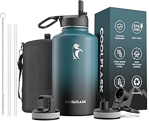 64 oz Water Bottle with Straw & Spout Lid, Coolflask Insulated Water Bottle Half Gallon Wide Mouth , Sweat-Proof BPA-Free Keep Cold for 48 Hrs or Hot for 24 Hrs, Samurai Cyan