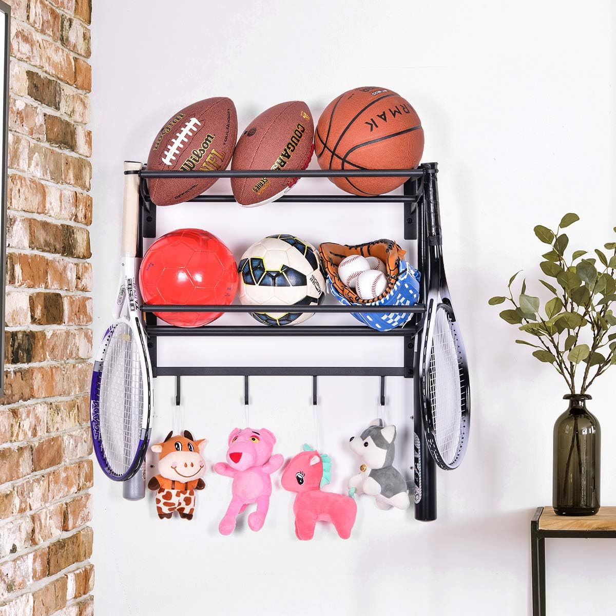 Sports Equipment Storage Rack for Baseball/Basketball/Football/Badminton/Golf/Yoga/Exercise Balls - Four Badminton Tennis Hold-2 Separate Storage Rack- Baseball/Softball Bat Rack/Bat Hooks: Sports & Outdoors