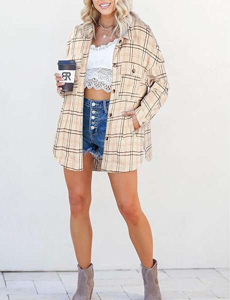 ALIMASHA WOMEN’S FLANNEL PLAID SHACKETS LONG SLEEVE SHIRT AUTUMN WINTER BUTTON DOWN JACKET WITH POCKETS