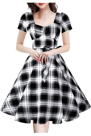 GOOBGS Women's 1950s Vintage Swing Dress - Puff Sleeves, Square Neck, With Pockets, Rockabilly Style