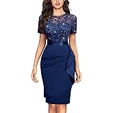 Miusol Women's Elegant Sequin Floral Lace Scoop Neck Ruffle Style Cocktail Party Dress