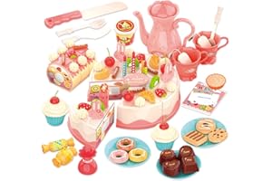 KaeKid Birthday Cake Toy Pretend Play Tea Set with Lights & Music, DIY Cutting Play Food with Bread Roll, Chocolate, Sandy & Dessert, Gift for Girls Boys 3 4 5 Years Old (82 PCS)