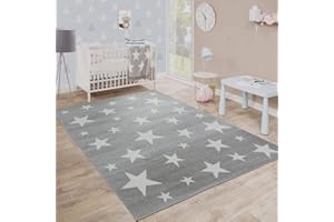 PACO HOME Kids Room Rug Starry Sky Design Star Trend for Playroom Pastel in Grey White, Size:6'7" x 9'2"