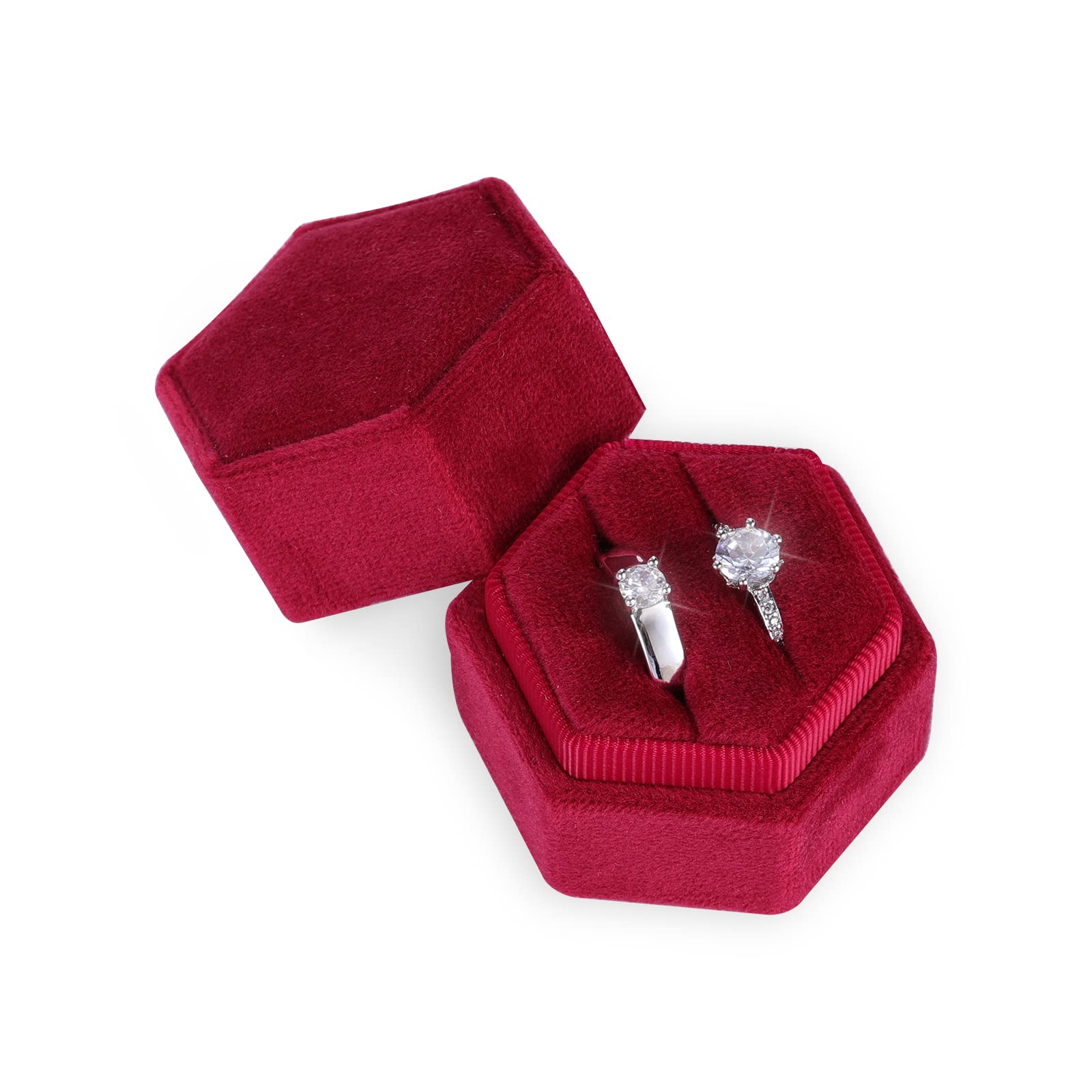 AIEX Velvet Ring Box for Jewellery Double Slots, Hexagon Ring Box for Engagement, Ceremony, Wedding, Valentine's Day, Holding 2 Rings (Red Wine)