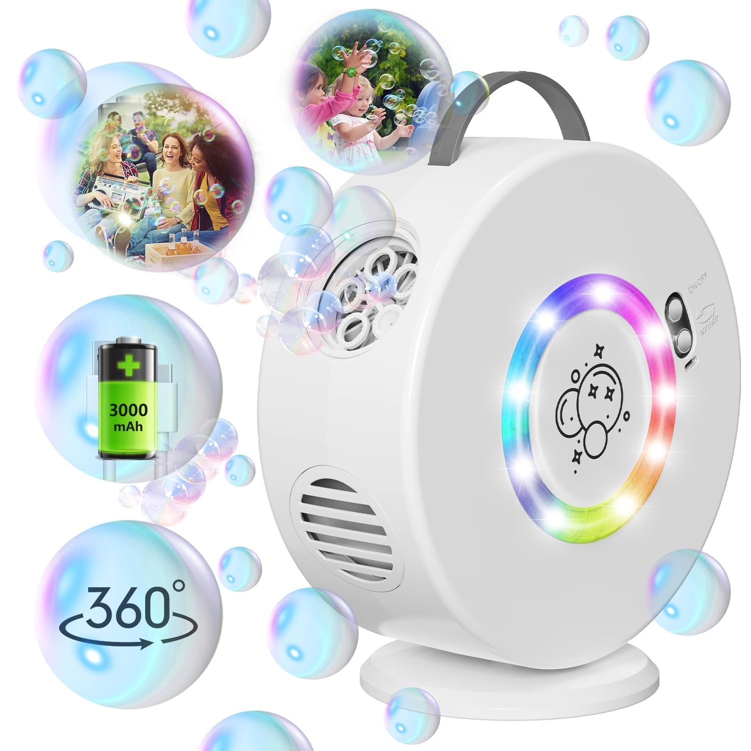 LED Bubble Machine, Portable 90°/360° Rotate Bubble Blower for Kids, Rechargeable Bubble Machine Bubbles Toys for Kids, Automatic Bubble Maker Toy for Boys Girl Aged 3-5 Gift, Outdoor Party & Wedding