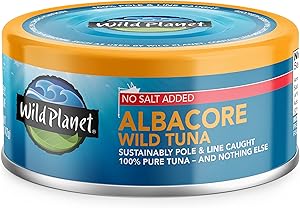 Wild Planet Wild Albacore Tuna, No Salt Added, Canned Tuna, Sustainably Wild-Caught, Non-GMO, Kosher, Gluten Free, Keto and P