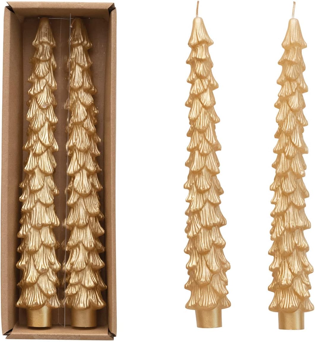 Candles & Holders - Creative Co-Op Unscented Tree Shaped Taper Candles, Gold, Boxed Set of 2