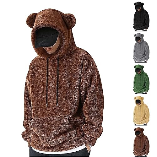 Mens Fuzzy Fluffy Hoodies Teddy Hoodie Casual Stylish Fleece Lined Plush Thermal Pullover Tops Lightweight Microfleece Jacket Coat with Kangaroos Pocket Cute Bear Ear Hooded Sweatshirt for Autumn