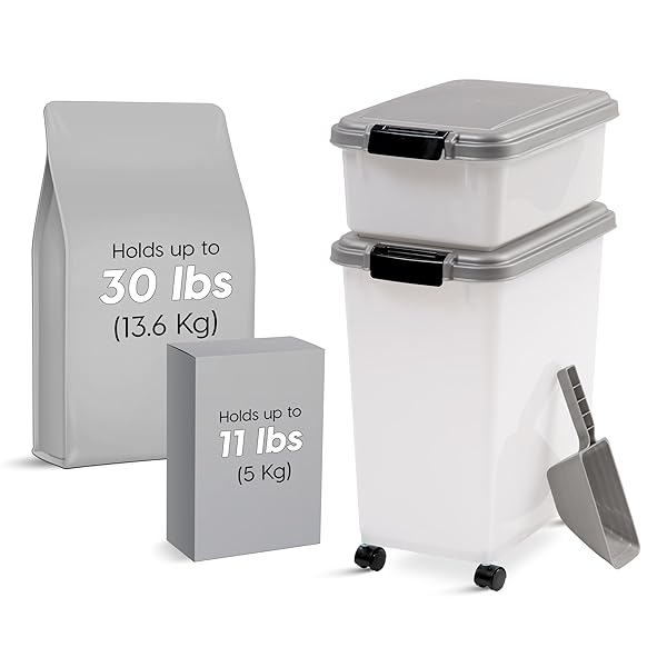 IRIS USA 30 LBS & 11 LBS COMBO AIRTIGHT DOG FOOD STORAGE CONTAINER, STACKABLE TREAT BOX, 2-CUP SCOOP, WHEELS, KEEP FRESH, EASY MOBILITY, SILVER