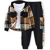 Auiopila Boy Clothes Flannel Plaid Shirt Tops Pants Set Hoodie Sweatsuit+White T-shirt 3Pcs for Fall Winter Spring Outfits