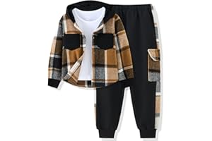 Auiopila Kids Toddler Boy Clothes Plaid Hooded Shirt White T-shirt Top and Solid Color Pants 3Pcs Winter Boys Outfits