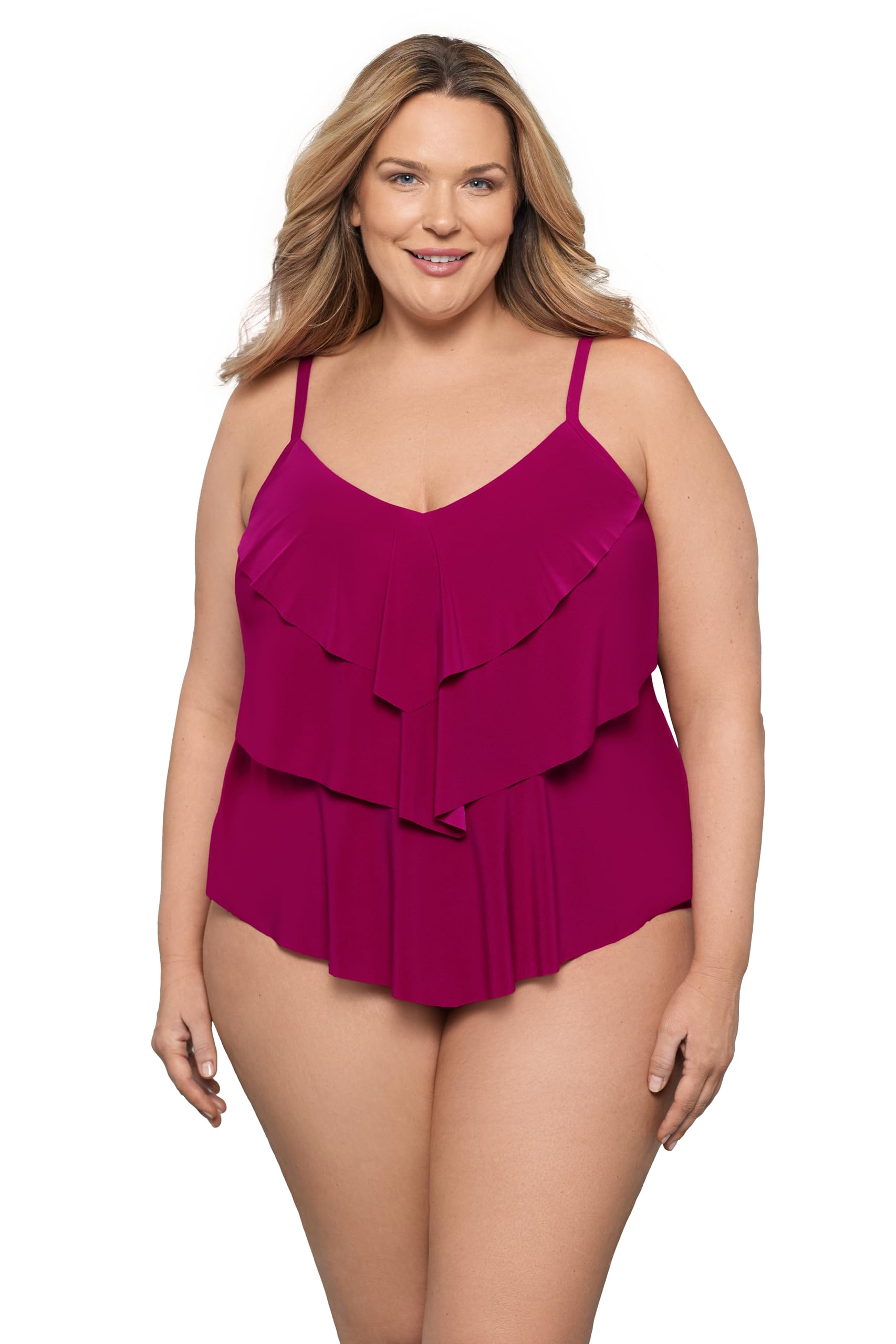 Photo 1 of Aqua Green Women's Standard Triple Ruffle Tier Swim Tankini Top with Adjustable Straps, Crush M