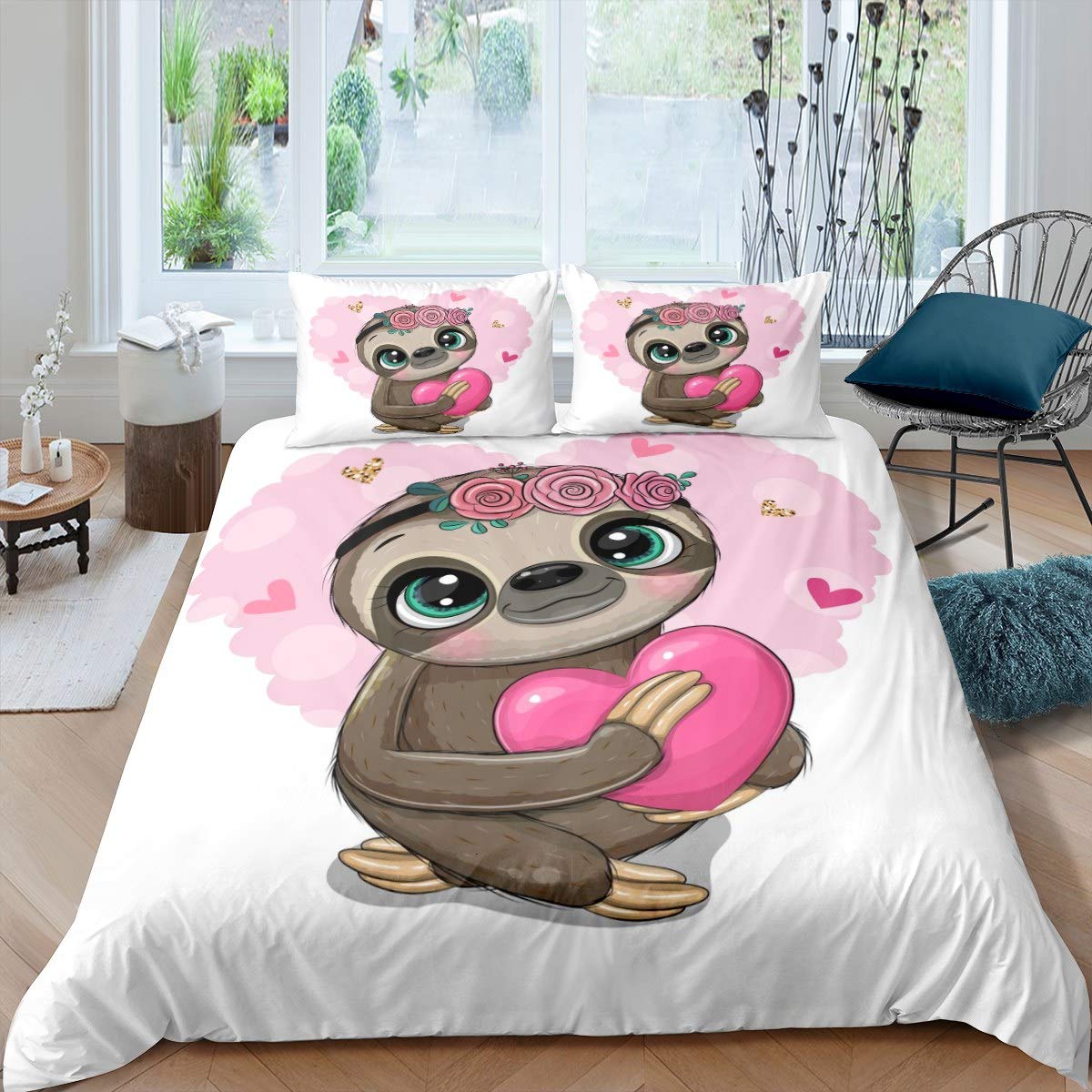 Loussiesd Kids Cute Sloth Comforter Cover Cartoon Sloth Printed Bedding Set for Boys Girls Children Flowers Pink Heart Duvet Cover Lovely 3D Animal Bedspread Cover Room Decor Single Quilt Cover 2Pcs