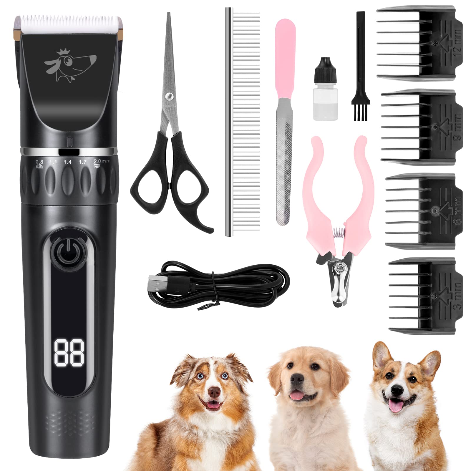 vsshe Dog Clippers, Professional Dog Grooming Clippers Kit, Low Noise Rechargeable Cordless Dogs Grooming Clipper, Electric Pet Clipper Hair Trimmer for Dogs, Cats and Other Animals, Black