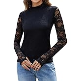 LOMON Mesh Long Sleeve Tops for Women Double Layered Sheer Shirts Mockneck Going Out Party Lace Blouse S-XXL