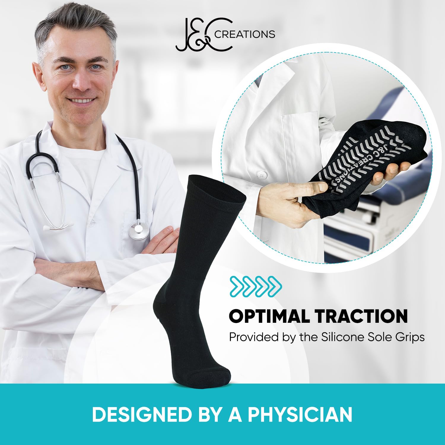 J&C Creations Premium Quality Grip Socks Men Size 10-13 - Hospital Socks For Men With Grips - 80% Viscose Bamboo