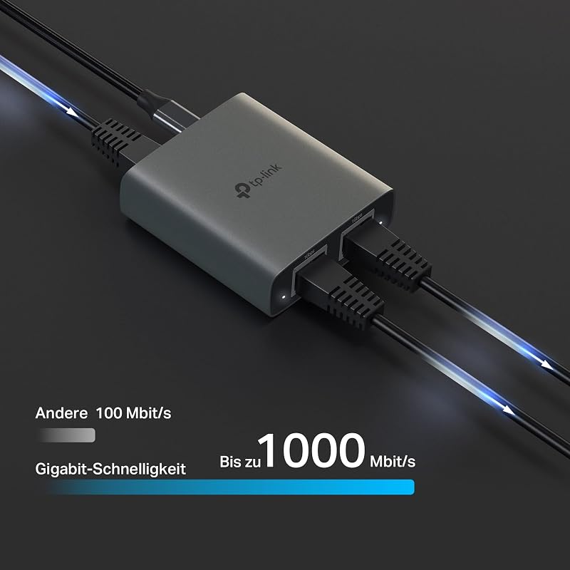 EH210 LAN Splitter 1 auf 2 (Gigabit Ethernet Splitter) | inkl. USB-Stromkabel & Cat 5e Netzwerkkabel | Aluminiumgehäuse, Plug & Play, LAN Switch 2 Port