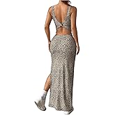 GORGLITTER Women's Cheetah Leopard Print Backless Bodycon Tank Dress Twist Sleeveless Summer Maxi Long Sundresses