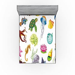 Ambesonne Marine Fitted Sheet Set, Sea Animals
