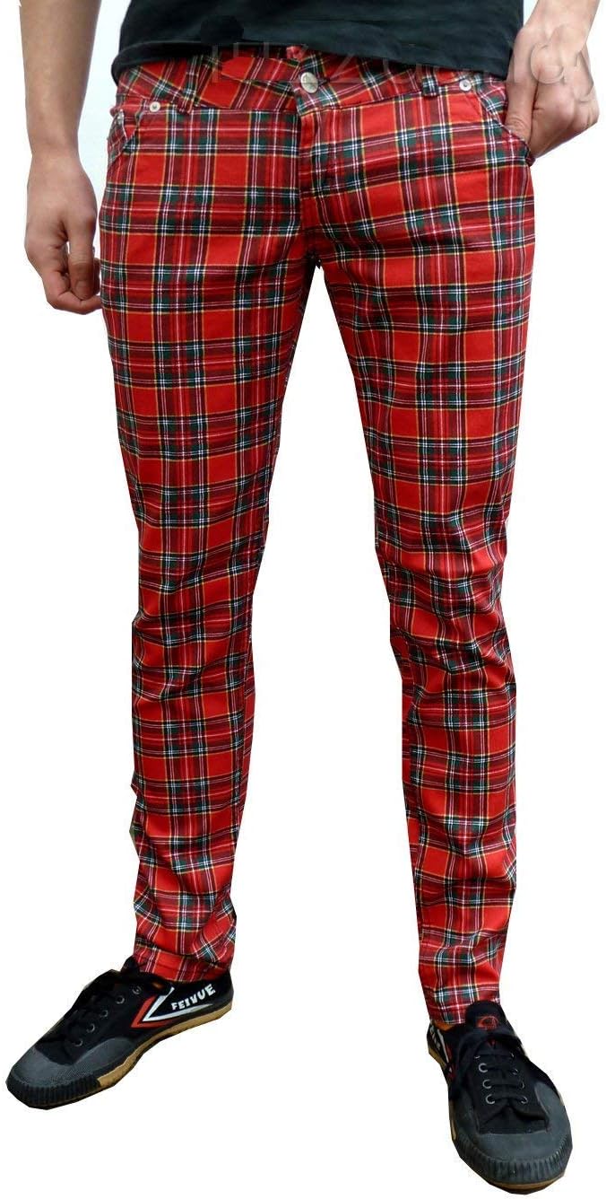 Fuzzdandy Mens Tartan Drainpipe Pants Red Check Skinny Slim Mod Punk Jeans
