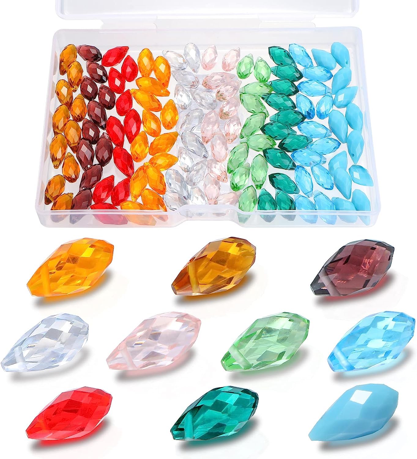 UHOMENY 100Pcs Mixed Colors Glass Beads Teardrop Crystal Beads for Crafts Prismatic Crystal Beads Water Drop Shape Top Drilled for Jewelry Craft Making Pendants Bracelet ，with Box