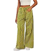 Acelitt Women Casual Drawstring Elastic Waist Loose Wide Leg Striped Pants with Pockets, S-XXL