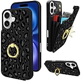 TopPerfekt Compatible with iPhone 16 Wallet Case with Card Holder, 360°Rotation Finger Ring Holder Kickstand Protective RFID Blocking PU Leather Pattern Double Buttons Flip Cover 6.1"BlackGrey Leopard