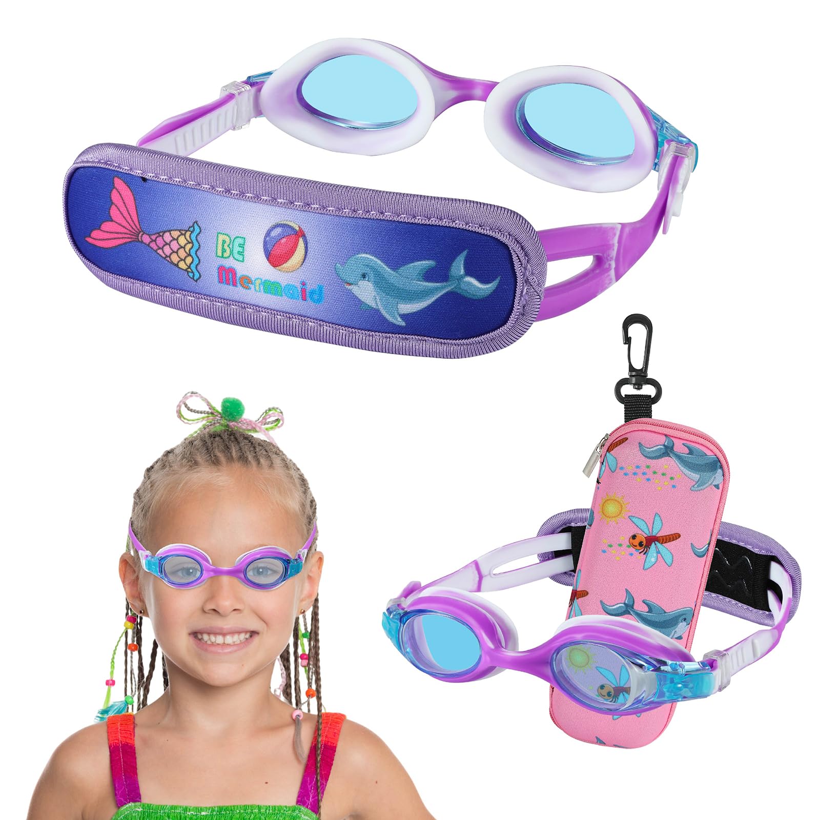 RUIGAO Swim Goggles For Kids 3-6, Toddler Swimming Goggles with Case/Padded Fabric Strap/No Hair Pull (Kids Goggles - Purple)