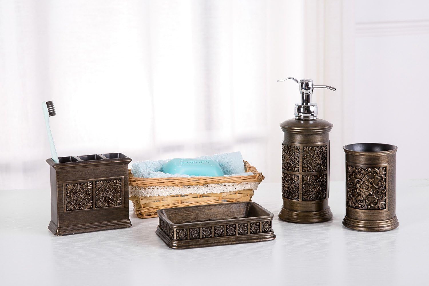 SILOKO Retro Classic Solid Floral Bathroom Accessory D¨¦cor Set 4 piece Lotion Dispenser,Soap Dish,Toothbrush Holder&Tumbler Antique Gold