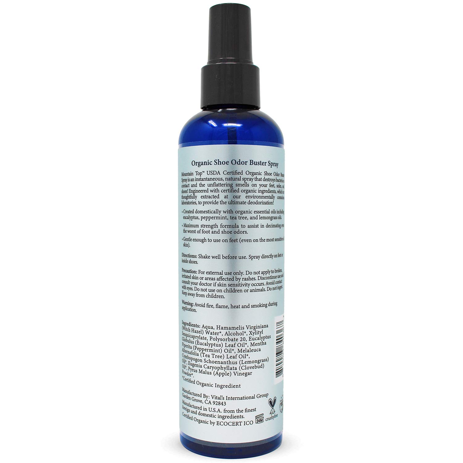 MOUNTAIN TOP Shoe Odor Buster Spray (8 oz / 237 ml) USD Organic - Maximum Strength Foot & Shoe Deodorizer with Eucalyptus, Peppermint, Tea Tree & Lemongrass Oils : Beauty