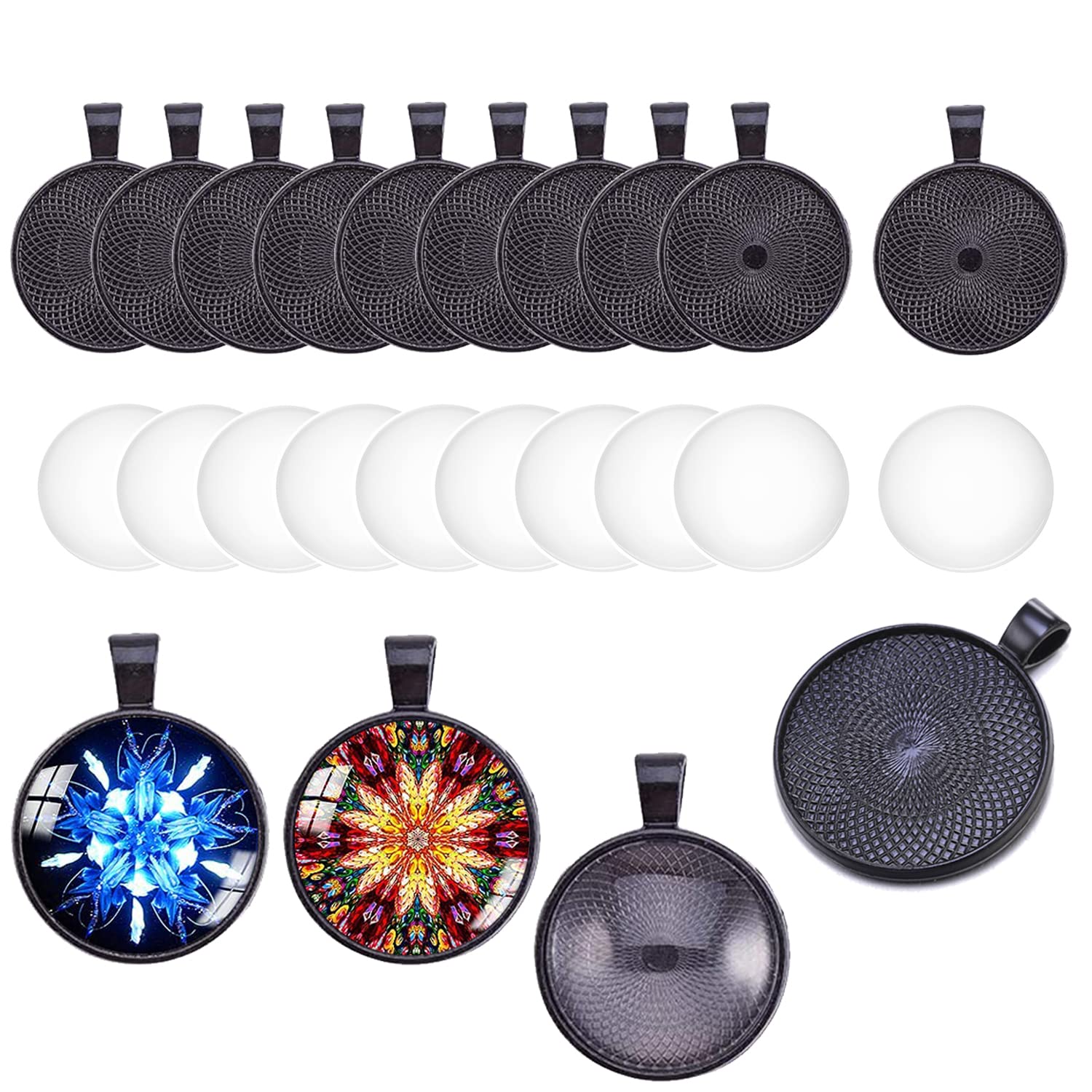 HERZWILD 20 Sets Round Bezel Pendant Trays, Alloy Blank Bezel Pendant Trays 25mm Diameter with Transparent Glass Cabochon Settings for Cameo Photo Necklace Jewelry Making. (Black)