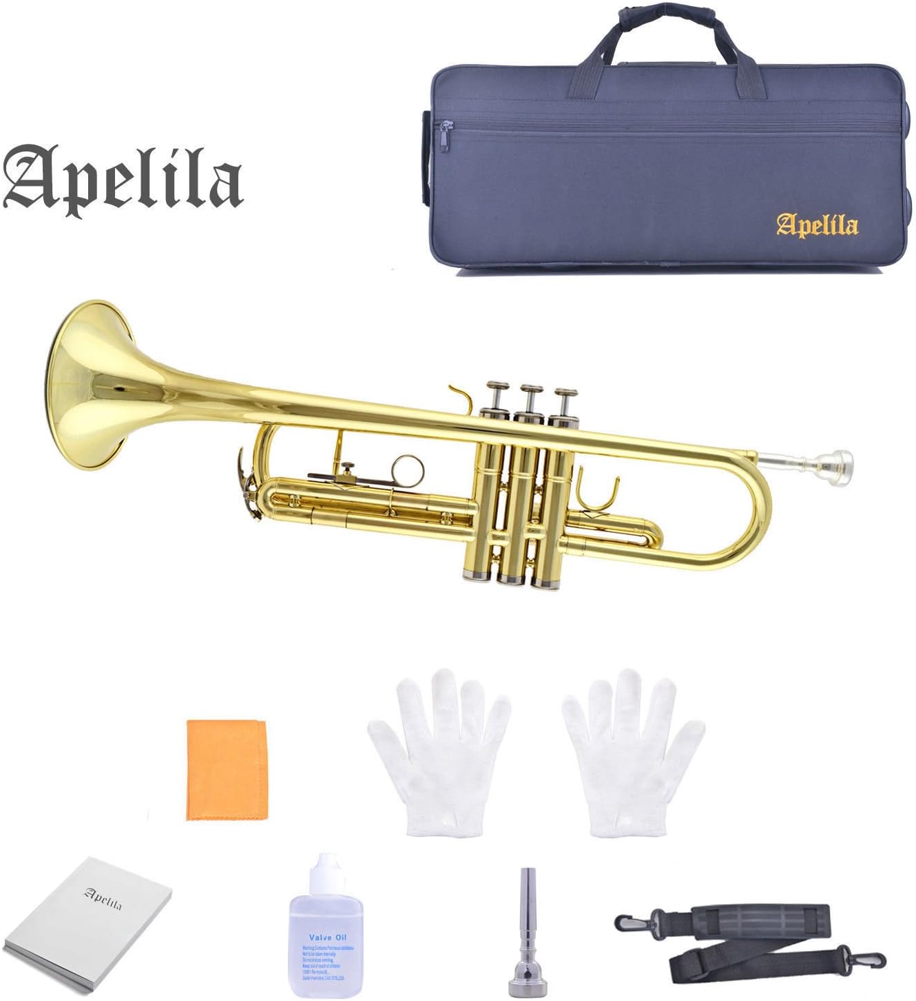 TRUMPET - Apelila Bb Key Brass Gold Lacquer with Care Case Valve+Mouthpiece+Strap+Gloves: Musical Instruments