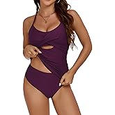 ZAFUL Women Vintage Tummy Control Bathing Suits Two Piece Tankini Swimsuits Ruched Cut Out Swimwear