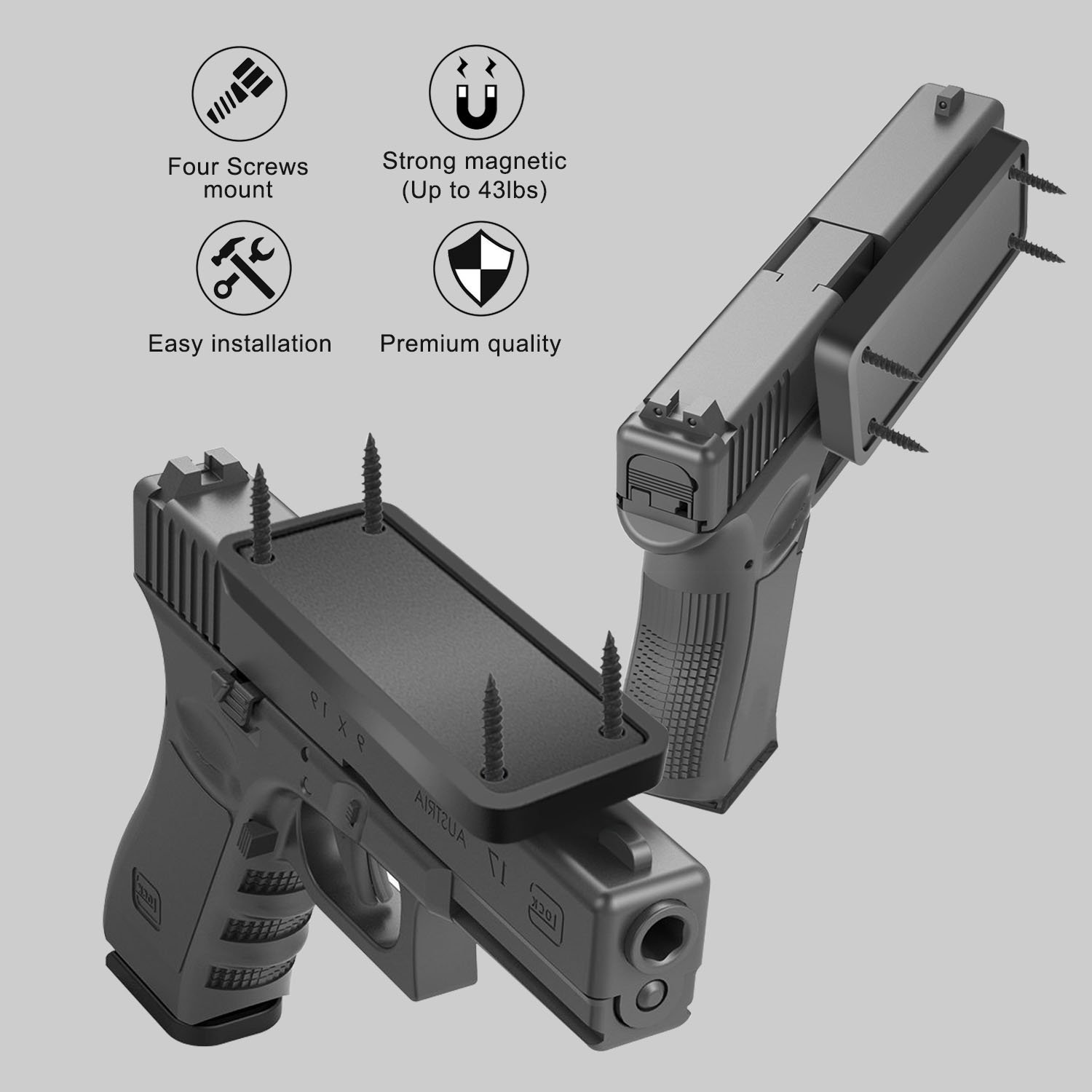 LATIT Magnetic Gun Mount, Tactical Concealed Gun Magnet with Powerful magnet over 43lbs, Easy Access Mount Throughout Your House, Office, Car, Barn, or Shop