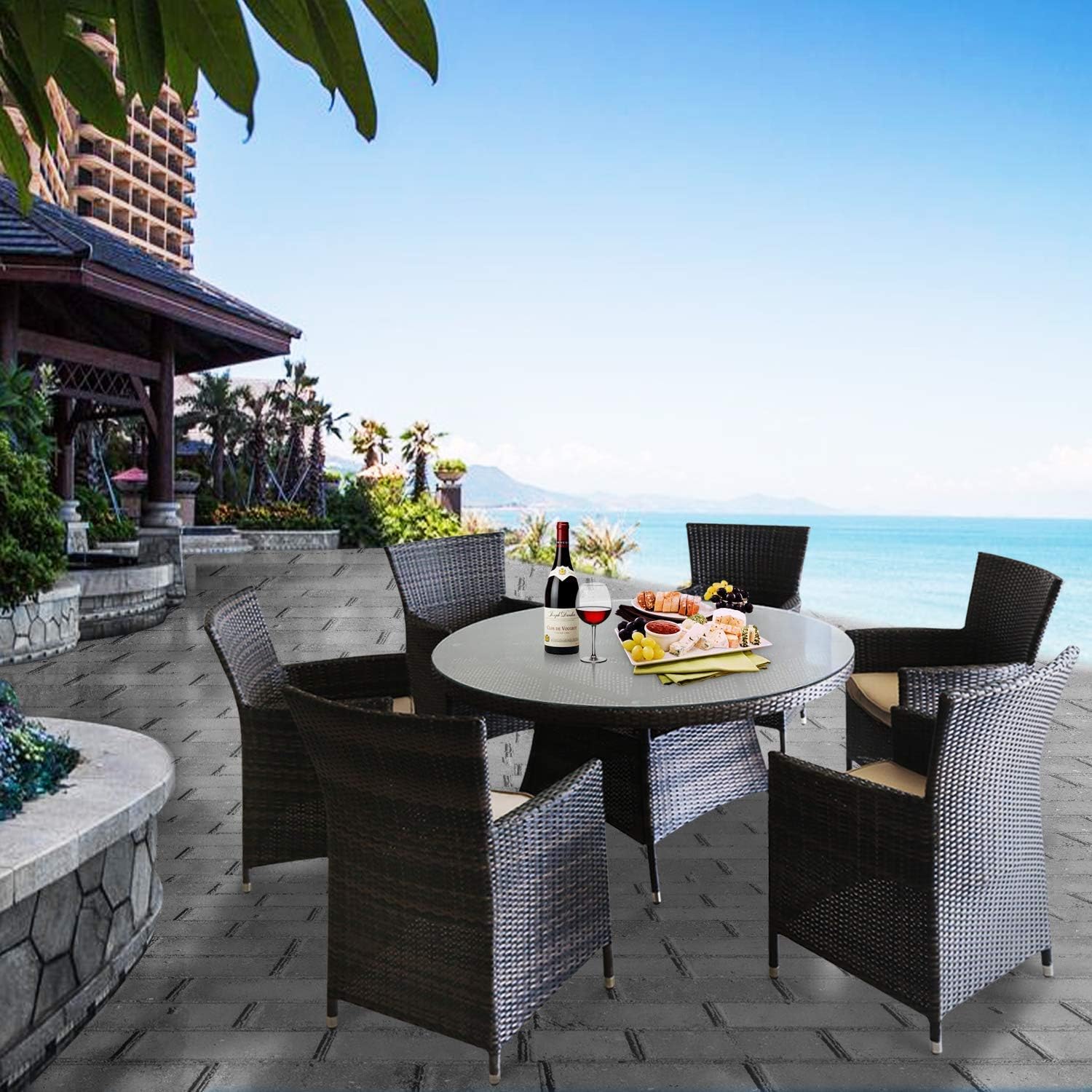 Amazon Com Patioption Patio Porch Furniture Sets Pe Rattan Wicker Chairs With Table Outdoor Garden Furniture Sets With Begie Cushion Glass Top Patio Table 6 Seaters With Round Glass Table Garden Outdoor